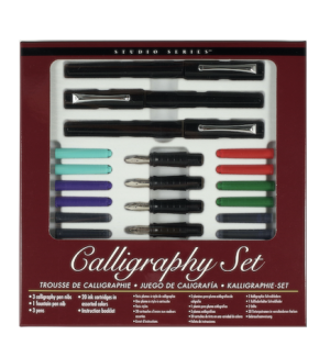 Calligraphy Set in box with pen nibs, three black pens, as well as black, blue, red, green, purple, turquoise ink cartridges, and a reusable storage tray.