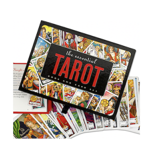 Box of  tarot cards with a fan display of individual cards.