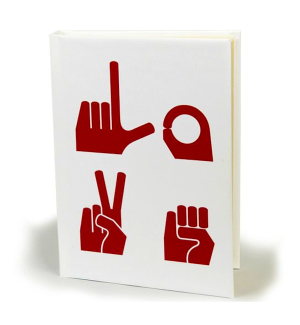 Journal with ASL hand signs spelling out 'I love you' on the cover.