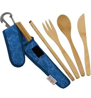 Long, narrow fabric blue patterned case and carabiner with a fanned display of bamboo chopsticks, fork, spoon, knife and straw.