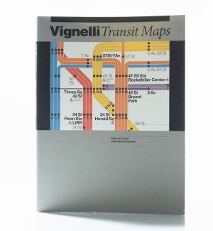 book cover showing a section from the Vignelli Transit Maps on a gray and black background.