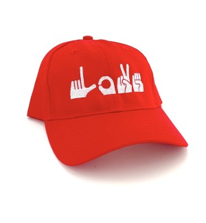 a bright red brimmed hat with ASL font 'L-O-V-E' embroidered in white across the front.