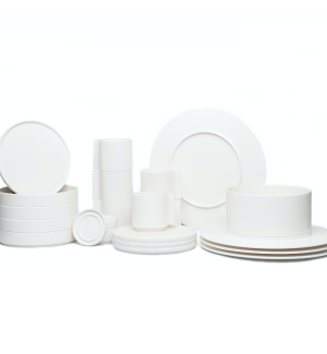 Casigliani white colored Dish Set with 4 Dinner dishes, 4 Medium Bowls, 4 Small Dishes, 1 Serving Bowl, and 6 Cups and Saucers. 