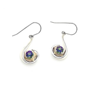 A pair of silver, scoop shaped earrings with a greenish purple gemstone.