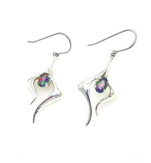 A pair of silver earrings with a greenish purple gemstone, silver tendrils surround the stone.