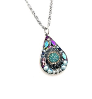  a teardrop pendant created with a mix of colorful beads set in resin.