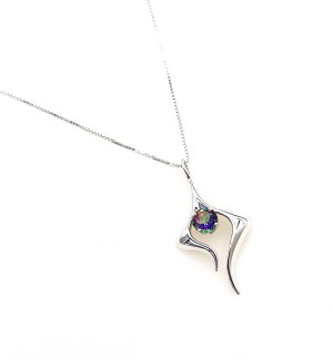 a silver pendant with a wishbone shape and a multi colored gemstone.