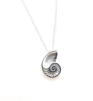 a silver pendant in the shape of a halved nautilus shell.