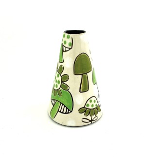 A cone shaped ceramic vase with a white background, hand illustrated green capped mushrooms and green sunflowers.