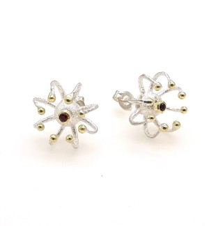 a sculptural earrings with a protruding eight legged spider form with a ruby in the center.