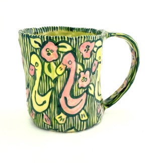 a hand formed ceramic mug with hand illustrated ducks on parade with a striped and floral background.