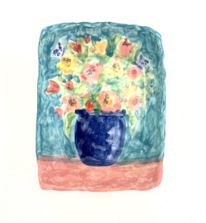 a rectangular ceramic plate with a hand illustrated bouquet of flowers in a blue vase.