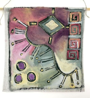 Painting on linen depicting abstract lines and shapes on gradated colors.