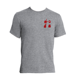 a heather grey t-shirt with ASL font 'L-O-V-E' embroidered in red.