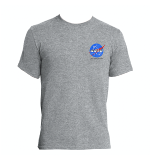 a heather grey t-shirt with embroidered logo with sign language finger spelled 'N-A-S-A' over the NASA meatball logo.