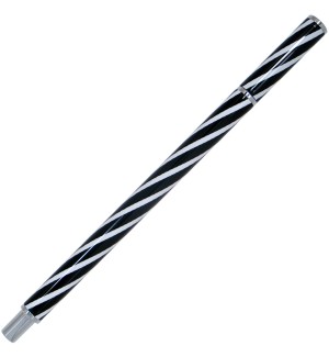 a black and white candy stripe inspired design wrapped around a streamlined and elegant barrel of a ballpoint pen. 