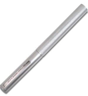 a silver tone pen with a textured and knurled barrel and an all brushed metal cap. 