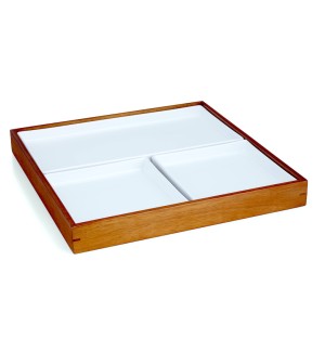 a square, low edged wood tray with three white ceramic inserts.