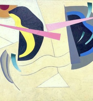 an abstract painting with shapes in black, blue, pink floating on a yellow background.