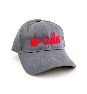 a grey baseball cap with ASL signs in red embroidery 'LOVE'.
