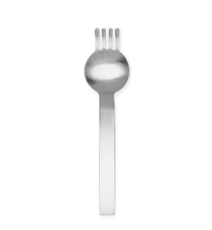 a stainless steel utensil that is part spoon and part fork.