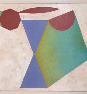 an abstact painting with bold blue triangles, a red octagon and a half circle on a mottled beige background.