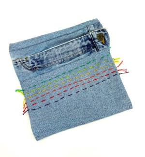 a zipper pouch made of blue jean material with embroidered lines of color.