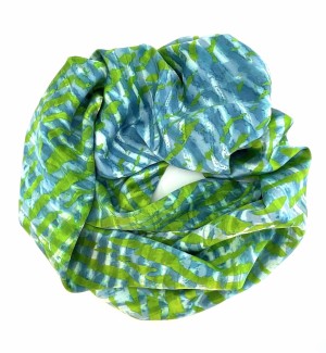 a silk scarf with a cross hatching of colors including grass green, blue and lime green.