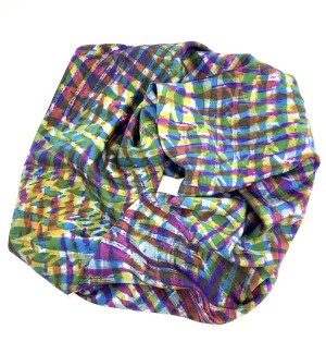a silk scarf with a cross hatching of colors including magenta, blue and lime green.