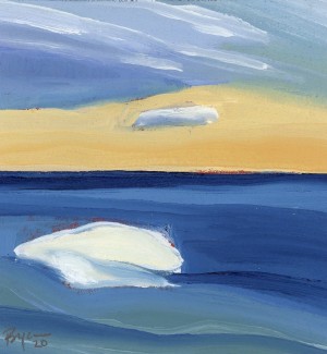an impressionistic painting of a seascape with a white puffy cloud in a blue and yellow sky.