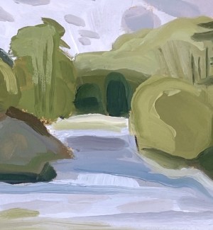 a painting of a lake with greenery around. 