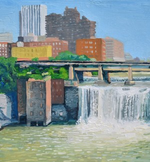 a painting of a view of the High Falls waterfall vista with Rochester, NY city building in the backdrop.