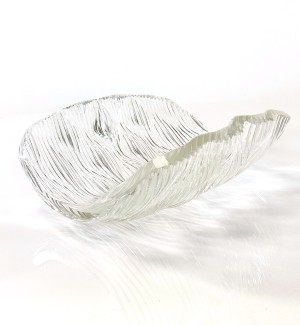 a clear glass bowl with textural ridges.
