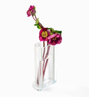 a clear glass vase with a ribbed textural round half and a flat side with red flowers.