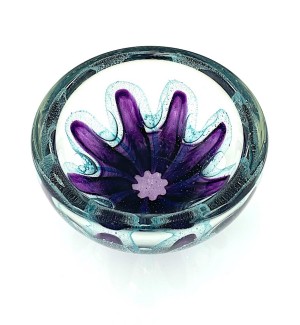 a clear round glass bowl with a starfish like purple design in the center with air bubbles around it.
