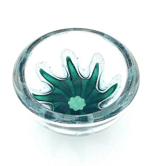 a round clear glass bowl with a starfish like green design in the center with air bubbles around it. 