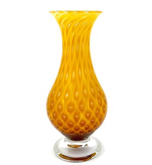 Handblown orange glass Vase and clear bottom with swirling scale-like pattern in cream and gold.