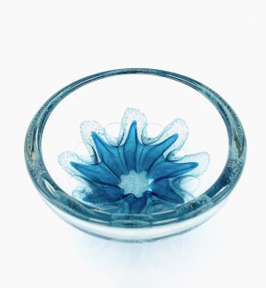 a round clear glass bowl with a starfish like teal design in the center with air bubbles around it.