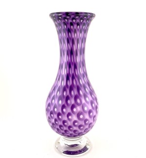 a hand blown teardrop shaped glass vase with a purple diamond pattern across the surface.
