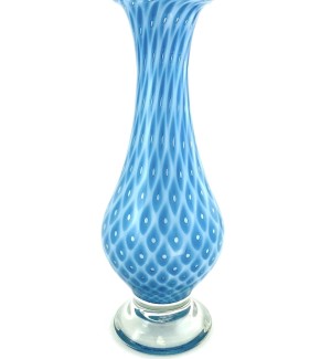 a hand blown teardrop shaped glass vase with a sky blue diamond pattern across the surface.