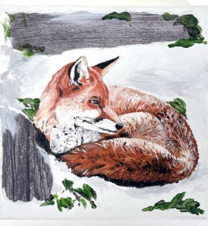 a hand painted illustration of a red fox curled up in the snow.
