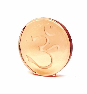 thick Round Glass peach ornament engraved with the Chinese character for 'OM'. 