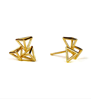 gold stud earrings with three 3D triangular shapes clustered together.