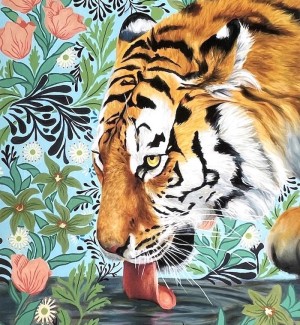 an illustration of a tiger head lapping at a pool of water surrounded by detailed and decorative images of pink flowers and green leaves.