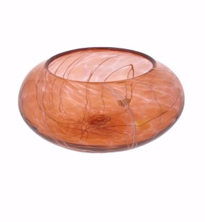 a translucent rosy orange glass bowl with thin white lines. 