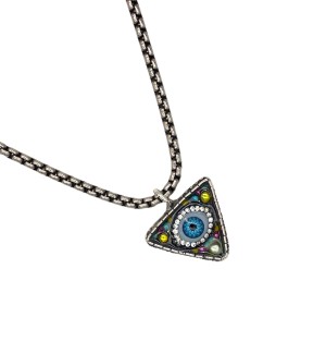 a triangular pendant with a mix of colorful beads around a glass eye on a choker length silver tone chain