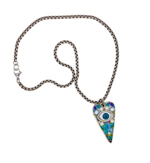 a heart-shaped pendant with a glass eye and a mix of colorful beads on a silver tone choker length chain.