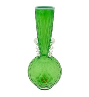 A green glass vase with a spherical bottom and a tall cylindrical mouth.