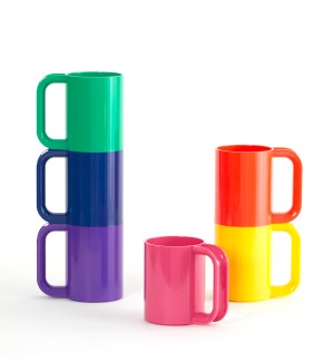 a group of six bright solid color mugs with handles in yellow, orange, red, blue, green and purple.