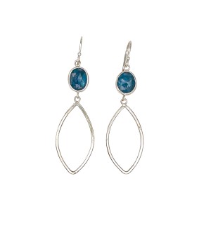 a pair of earrings with a faceted teal kyanite stone bezel set in Sterling and accentuated with a simple Sterling design element.